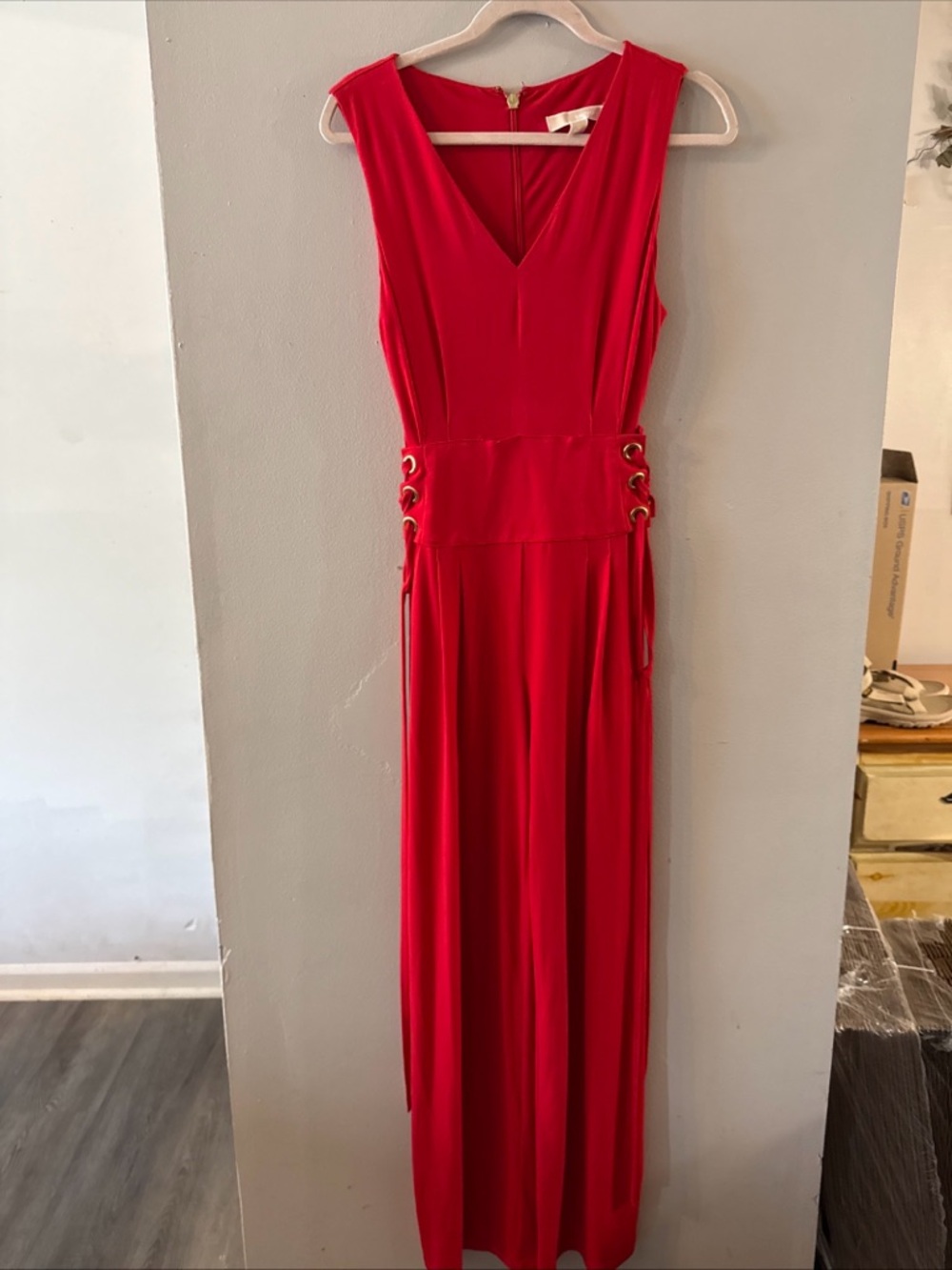 Michael Kors Red V-Neck Sleeveless Maxi Dress with Side Lace-Up M Grommets a25